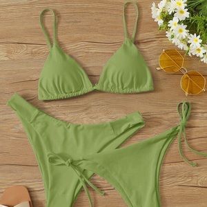Green 3 Piece Triangle Tie Side Co-ord Bikini set